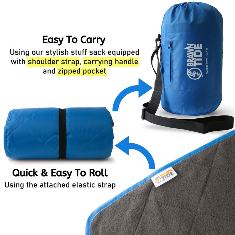 BRAWNTIDE Large Outdoor Waterproof Blanket - Quilted, Extra Thick Fleece, Warm, Windproof, Includes Stuff Sack, Ideal for Stadiums, Sports, Picnics, Beach, Pets, Car, Truck, SUV (Royal Blue) - Image 4